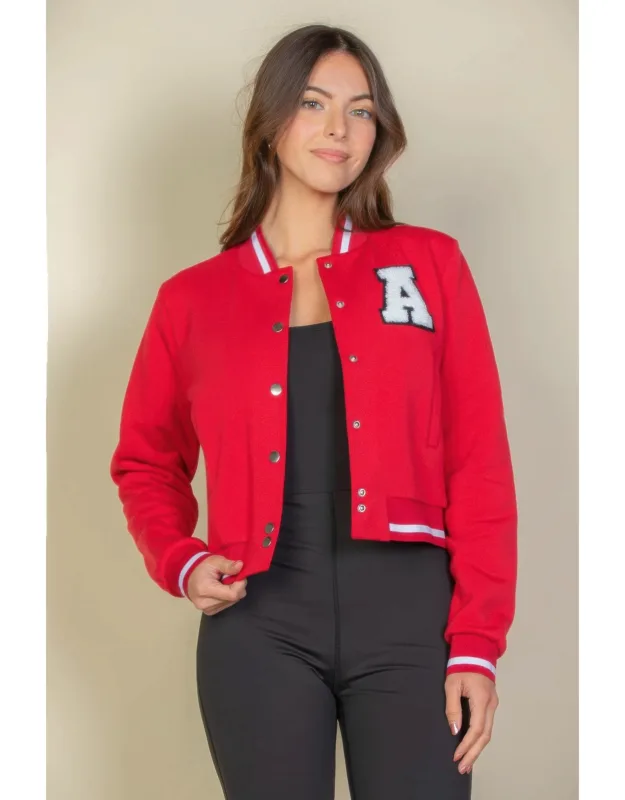 Ezwear Letter Patched Crop Varsity Jacket