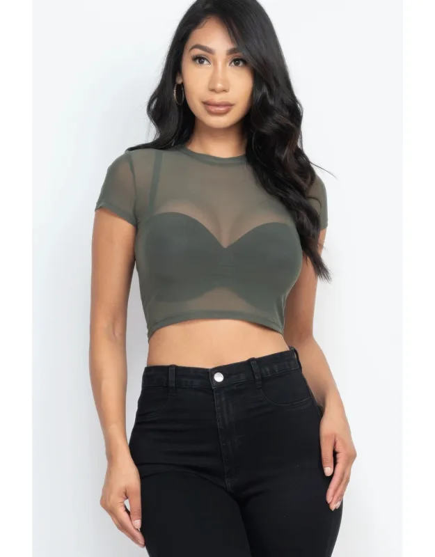Sexy Mesh Sheer Short Sleeve Crop Top