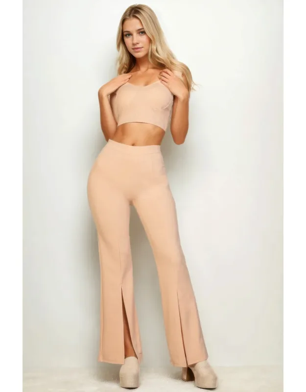 Bustier Crop Top & Front Slit Wide Leg Pants