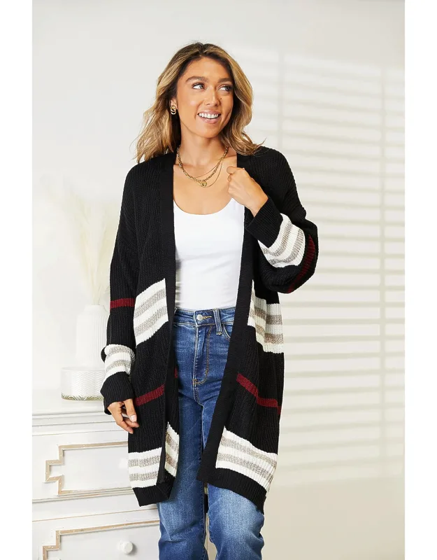 Striped Rib-knit Drop Shoulder Cardigan