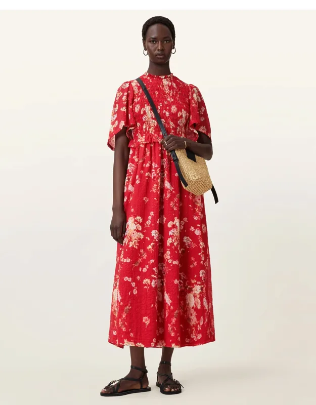 Mya Floral Print Shirred Midi Dress