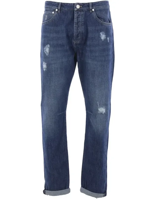 Jeans With Distressed Finish And Leather Logo Patch