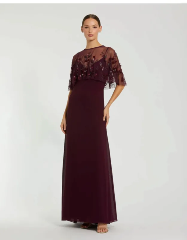 Sleeveless Wedding Guest Maxi Gown With Embellished Cape