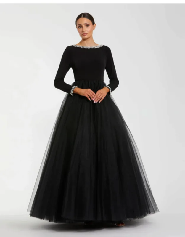 Embellished Jersey Long Sleeve Ball Gown With Tulle Skirt