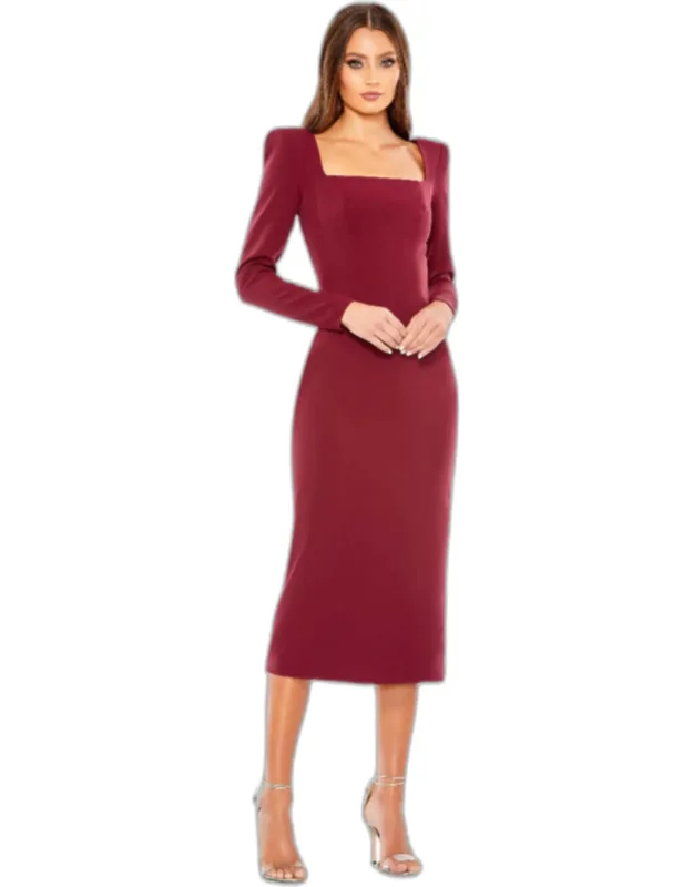 Square Puff Shoulder Long Sleeve Midi Dress
