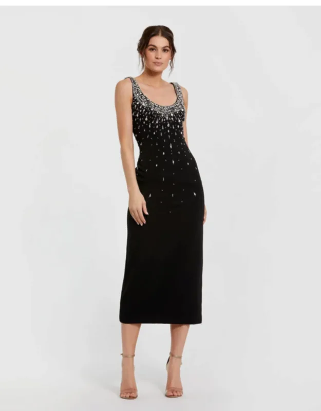 Beaded Crepe Scoop Neck Sleeveless Wedding Guest Midi Dress