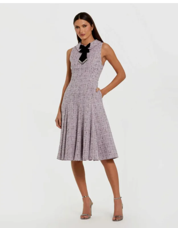 Sleeveless Boucle A-line Wedding Guest Midi Dress With Bow