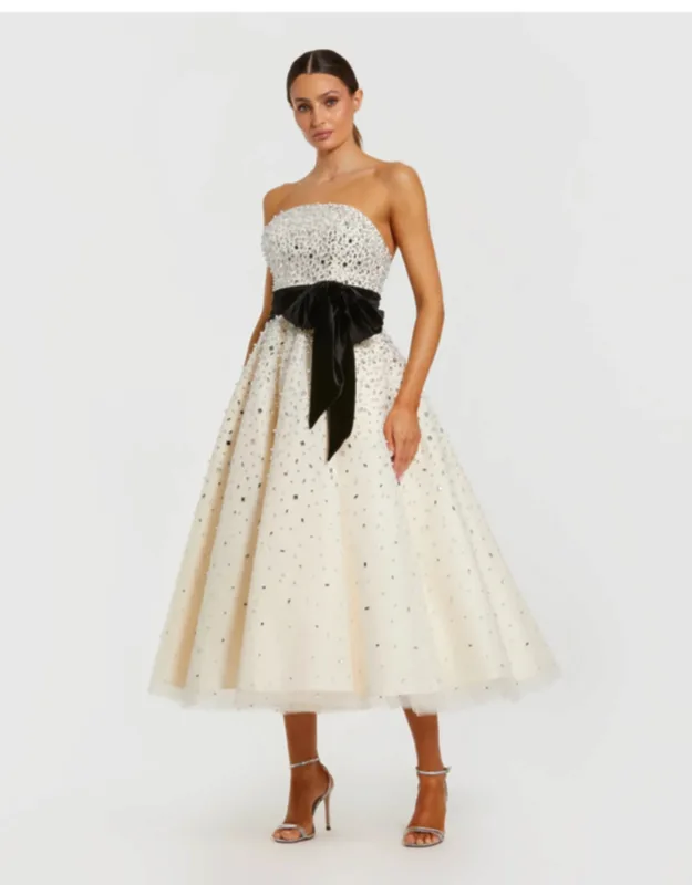 Strapless Embellished Midi Dress With Velvet Bow
