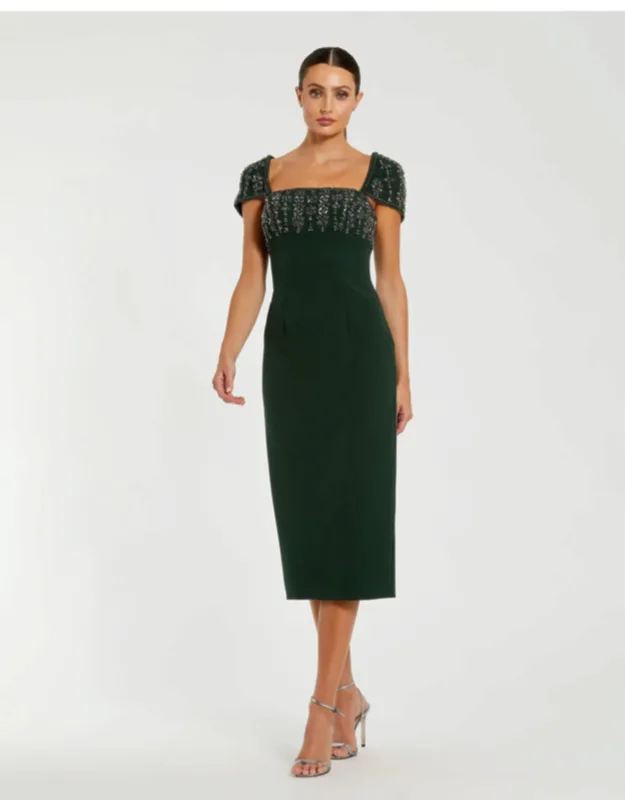 Embellished Cap Sleeve Crepe Wedding Guest Midi Dress