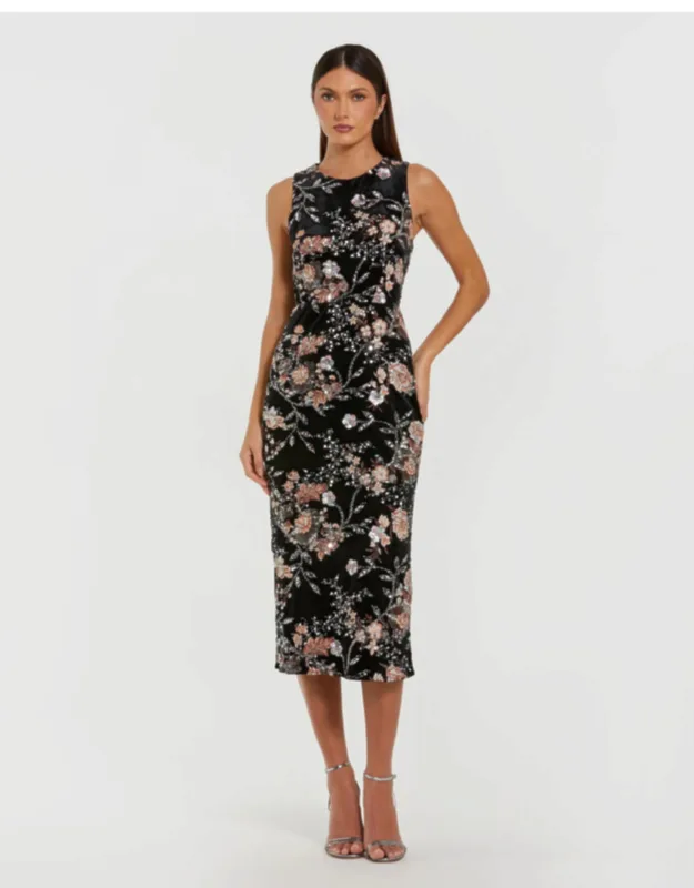 High Neck Sequined Wedding Guest Midi Dress With Multicolor Embroidery