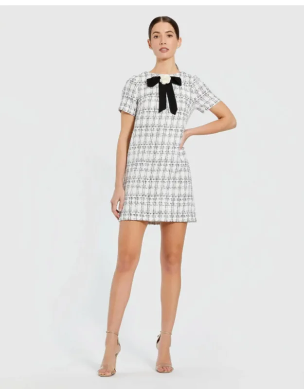 Short Sleeve High Neck Boucle Mini Dress With Bow