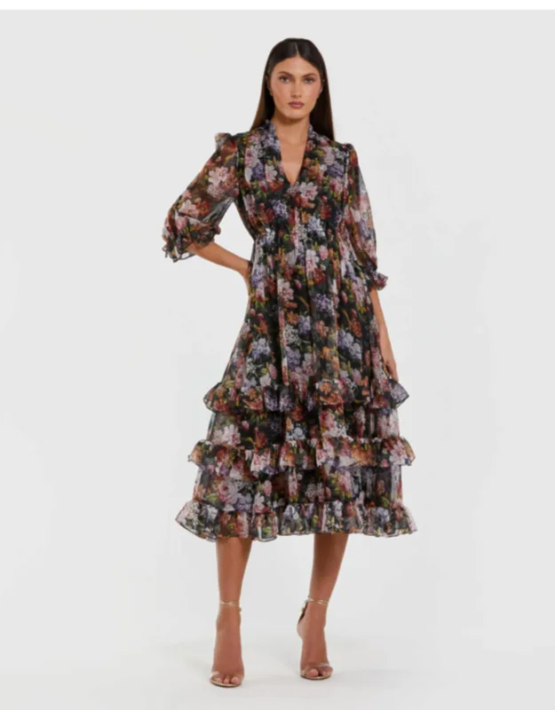 Floral Chiffon Ruffle Midi Dress With 3/4 Sleeves