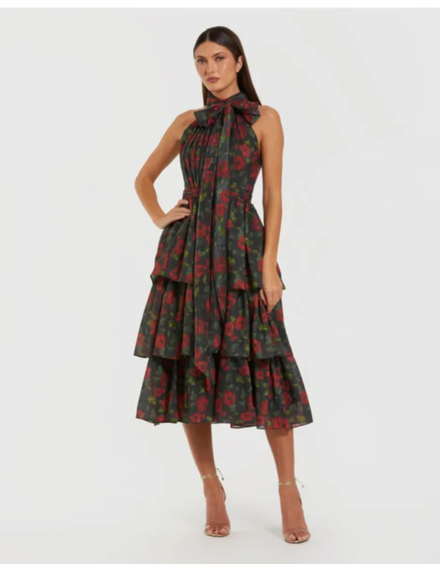 Floral Chiffon Tiered Wedding Guest Midi Dress With Neck Bow