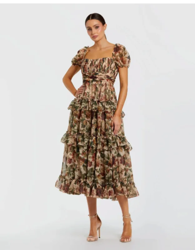 Chiffon Ruffle A Line Wedding Guest Midi Dress With Puff Sleeves