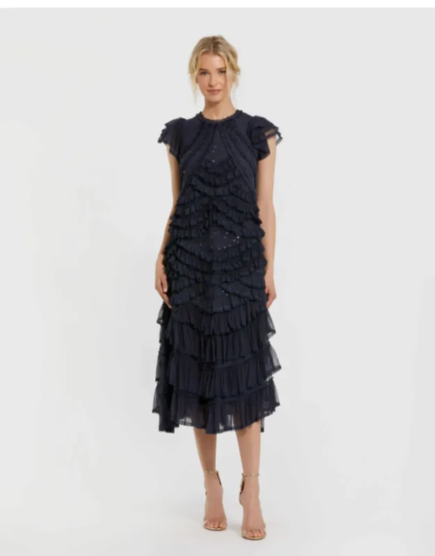 High Neck Cap Sleeve Micro Ruffle Wedding Guest Midi Dress