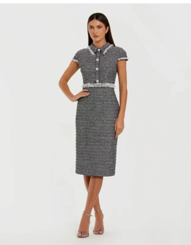 Embellished Cap Sleeve Boucle Wedding Guest Midi Dress