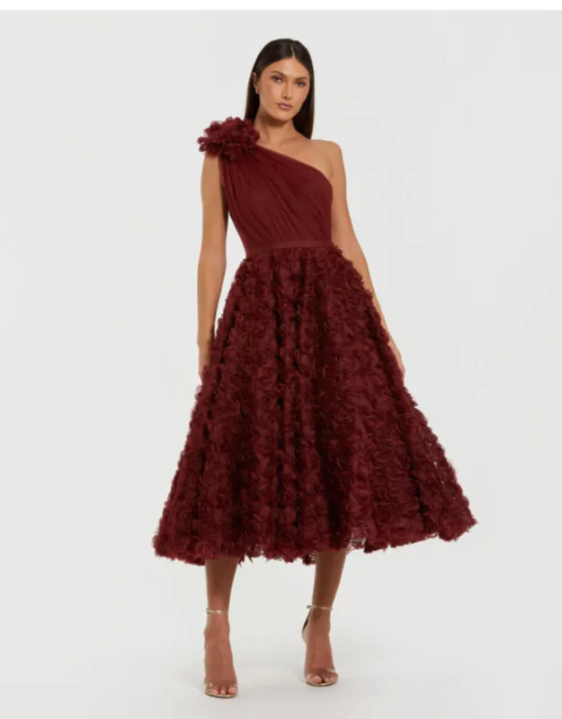 One Shoulder Rosette A Line Wedding Guest Midi Dress With 3d Flower