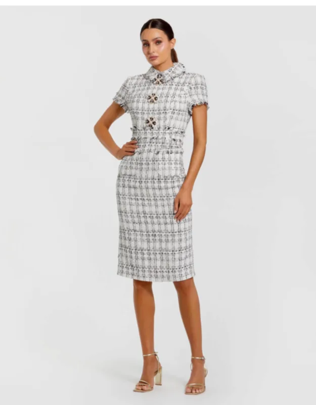 Fitted Boucle Short Sleeve Button Up Midi Dress