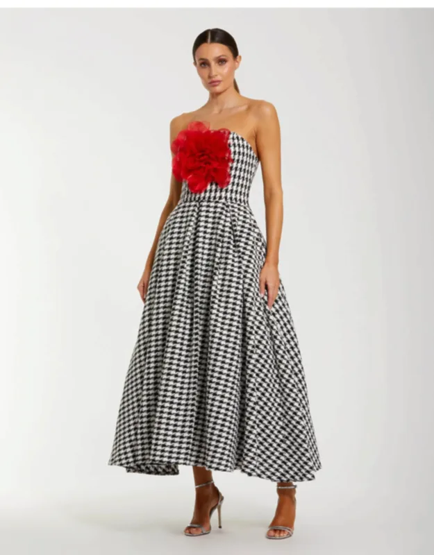 Strapless Boucle A-line Wedding Guest Midi Dress With 3d Flowers