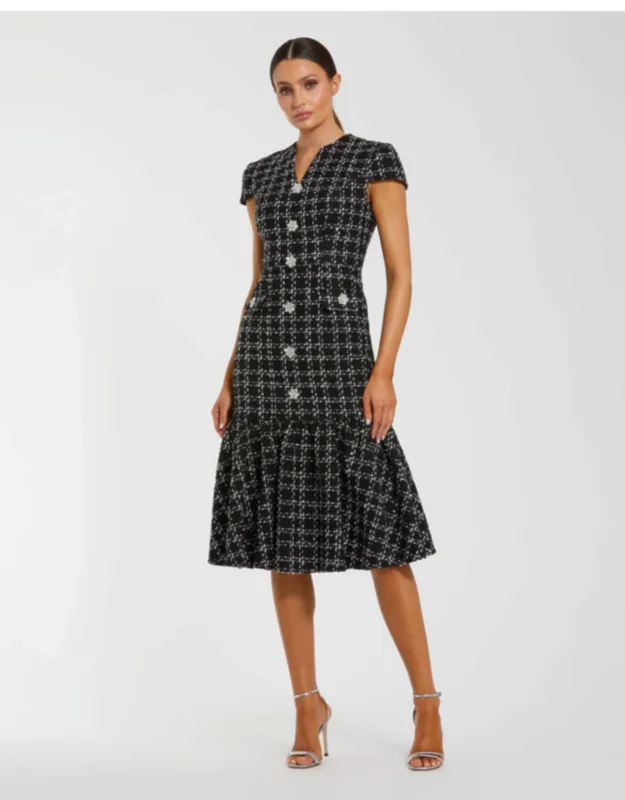 Cap Sleeve Boucle A Line Wedding Guest Midi Dress