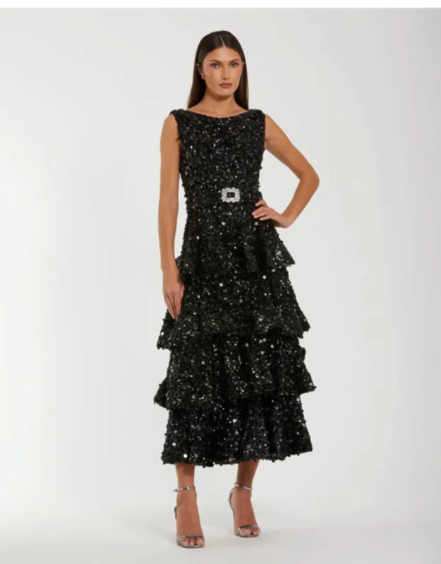 Sleeveless Sequin Ruffle Wedding Guest Midi Dress With Belt