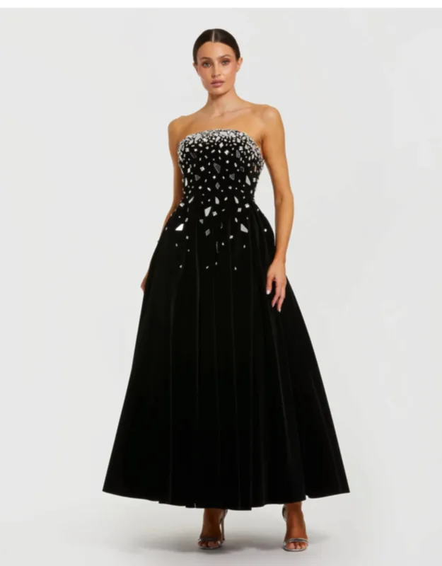 Velvet Strapless A-line Wedding Guest Midi Dress With Embellishments