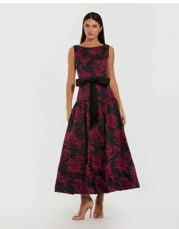 Brocade Drop Waist Wedding Guest Midi Dress With Satin Bow