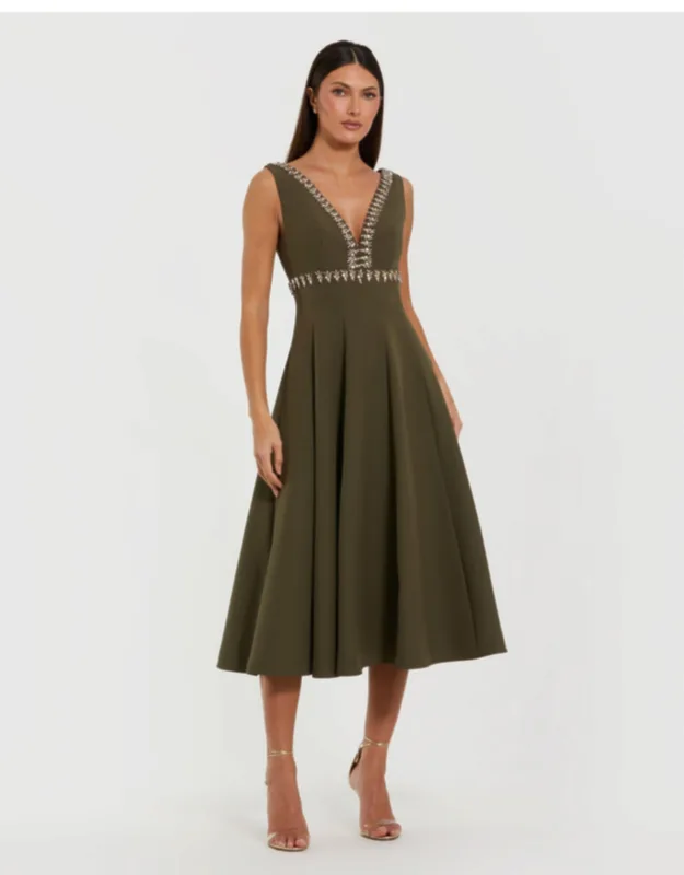 Rhinestone Embellished Crepe A Line Wedding Guest Midi Dress