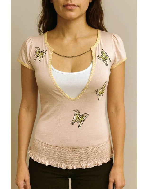 Chained V-neck Top With Embroidery And Beaded Details