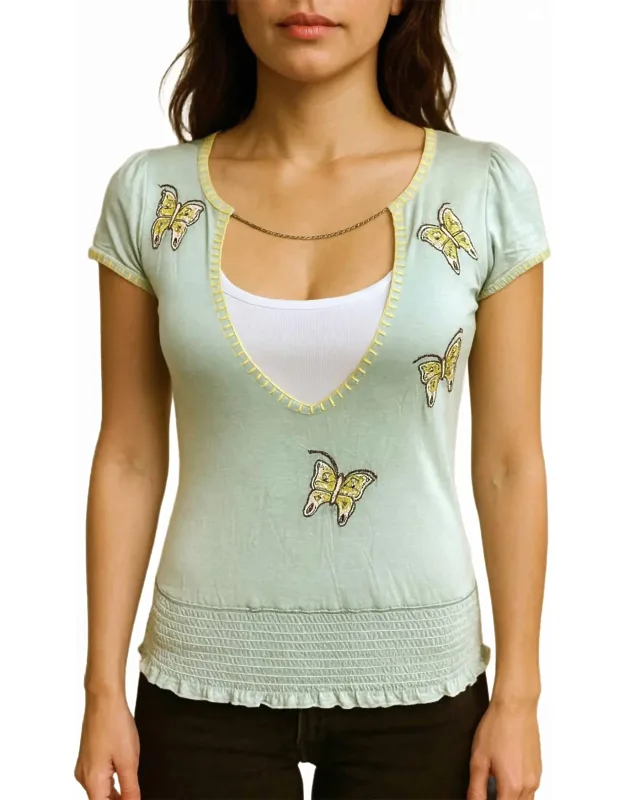 Chained V-neck Top With Embroidery And Beaded Details