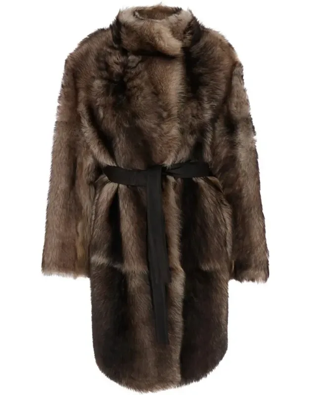 Shearling Coat With High Neck And Front Belt Closure