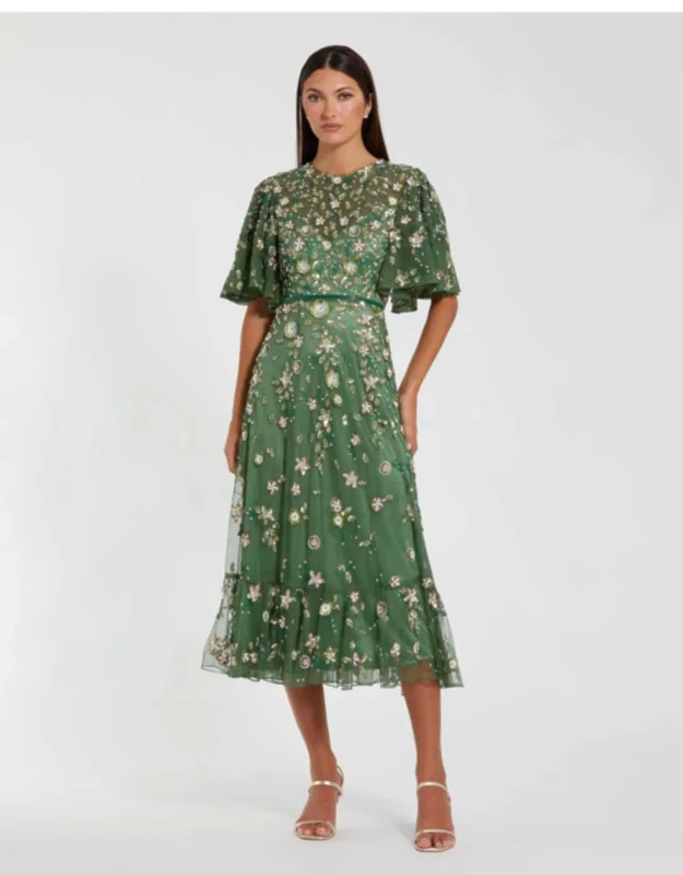 Floral Embellished Flutter Sleeve Midi Dress