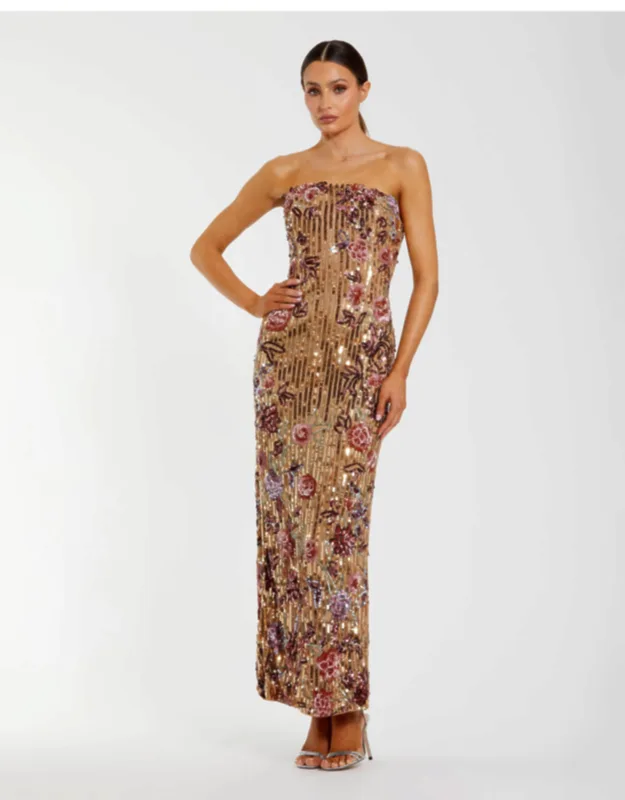 Floral Embellished Strapless Column Wedding Guest Dress
