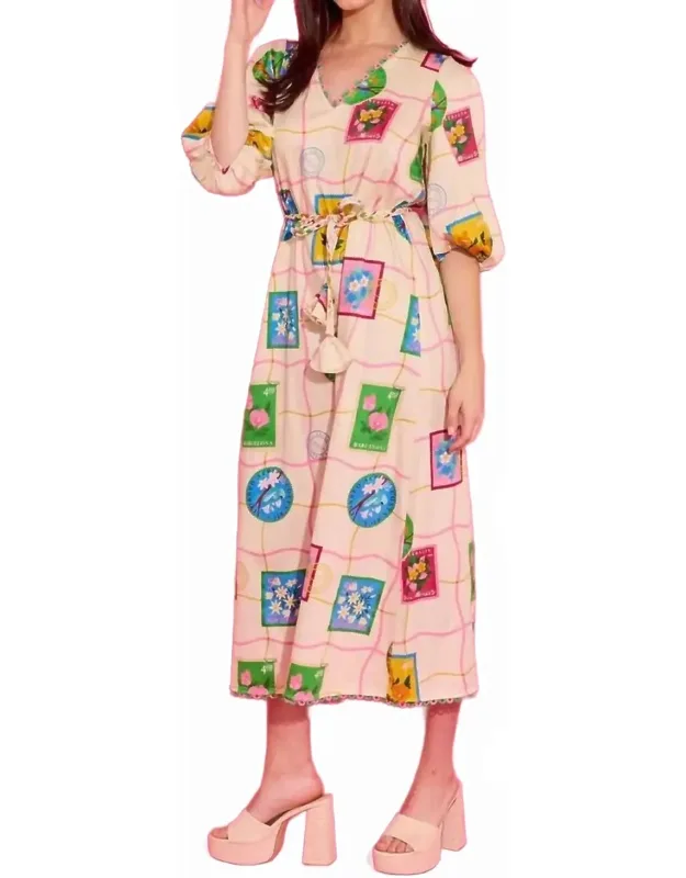 Lizzie Postcard Dress - Comfortable And Cute, Features Elbow-length Puff Sleeves And A Flattering V-neckline.