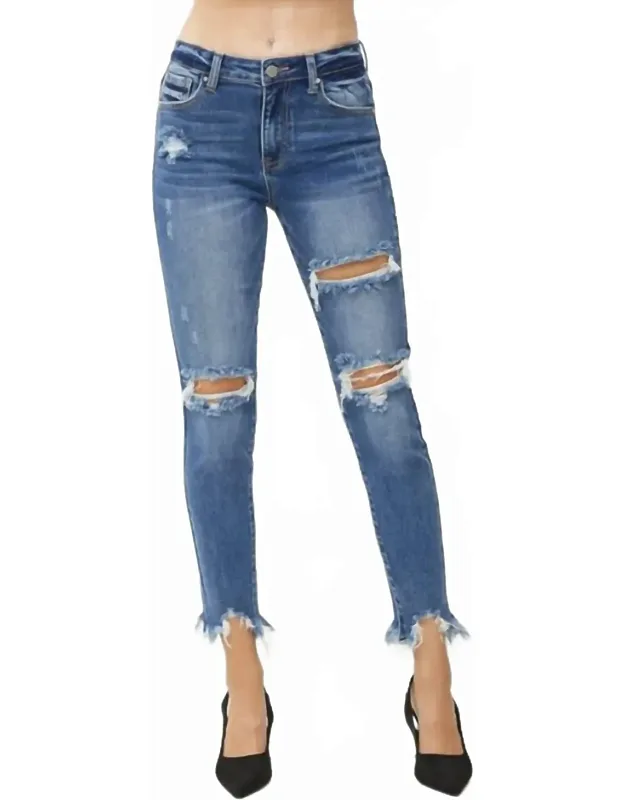 High Rise Distressed Frayed Hem Skinny Jeans