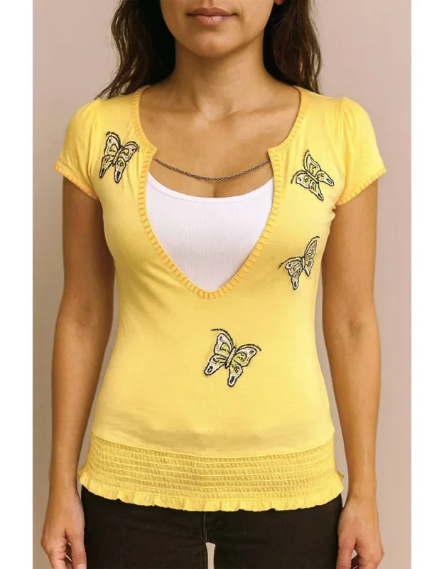 Chained V-neck Top With Embroidery And Beaded Details
