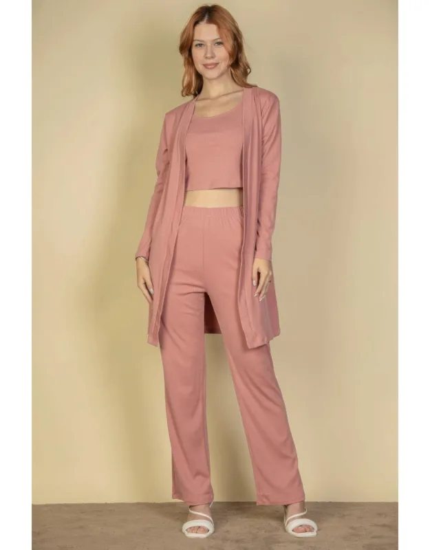 Flat Back Rib Cami Top With Pants And Long Cardigan Set