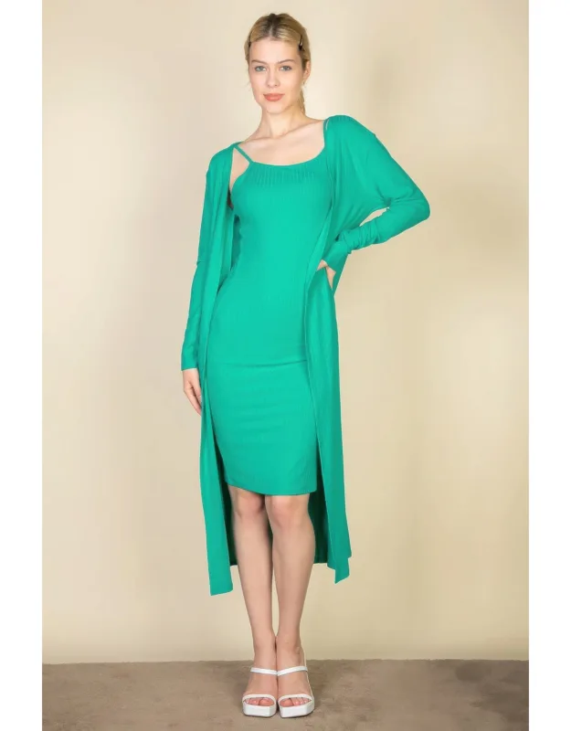 Ribbed Cardigan & Cami Midi Bodycon Dress