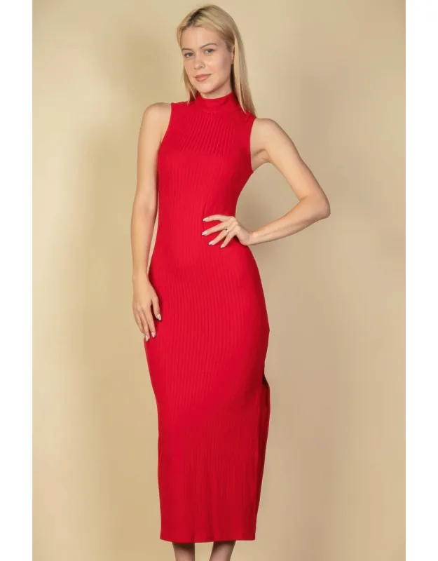 Ribbed Mock Neck Side Slit Sleeveless Bodycon Maxi Dress