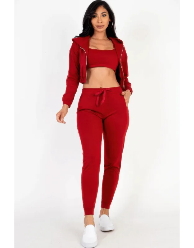 French Terry Cropped Cami With Zip-up Jacket And Joggers Set