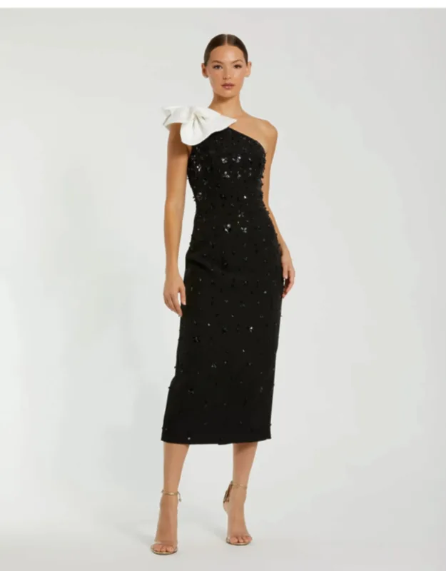 One Shoulder Beaded Wedding Guest Midi Dress With Bow