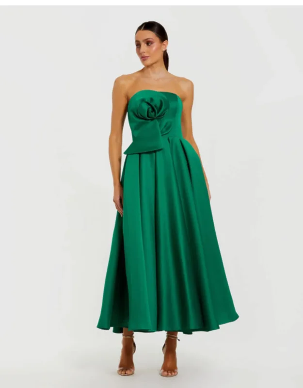 Strapless Satin A-line Wedding Guest Midi Dress With 3d Flower