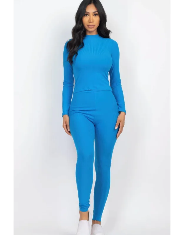Ribbed Mock Neck Long Sleeve Top & Leggings Set