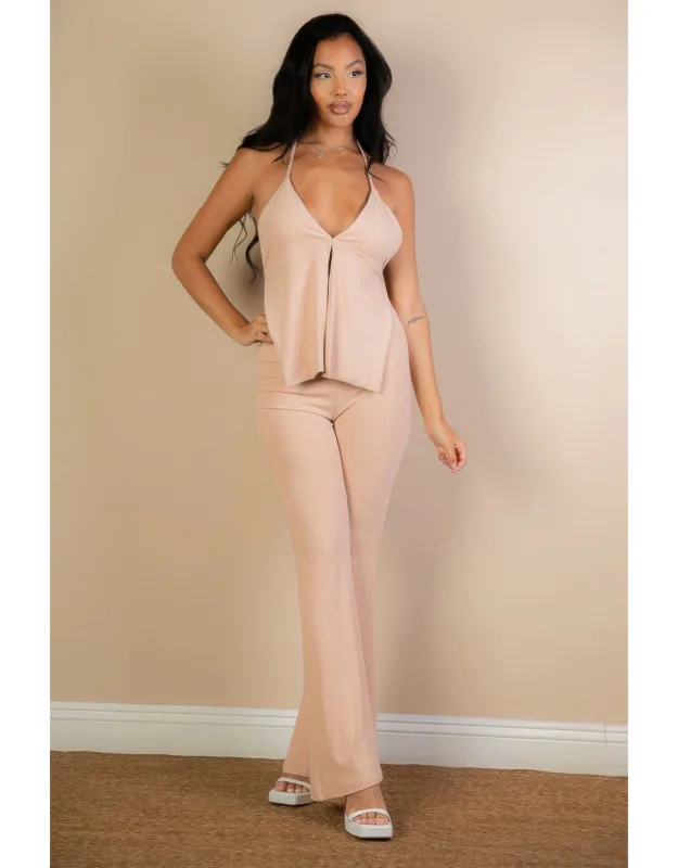 Split Front Backless Halter Top & Flare Pants Set