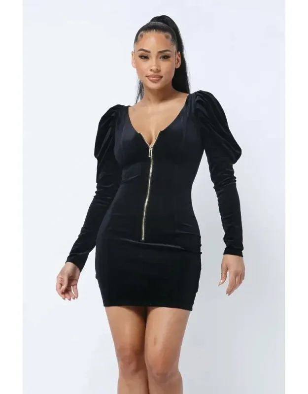 Soft Velvet Pleated Puff Sleeve Low V Neck Mini Dress