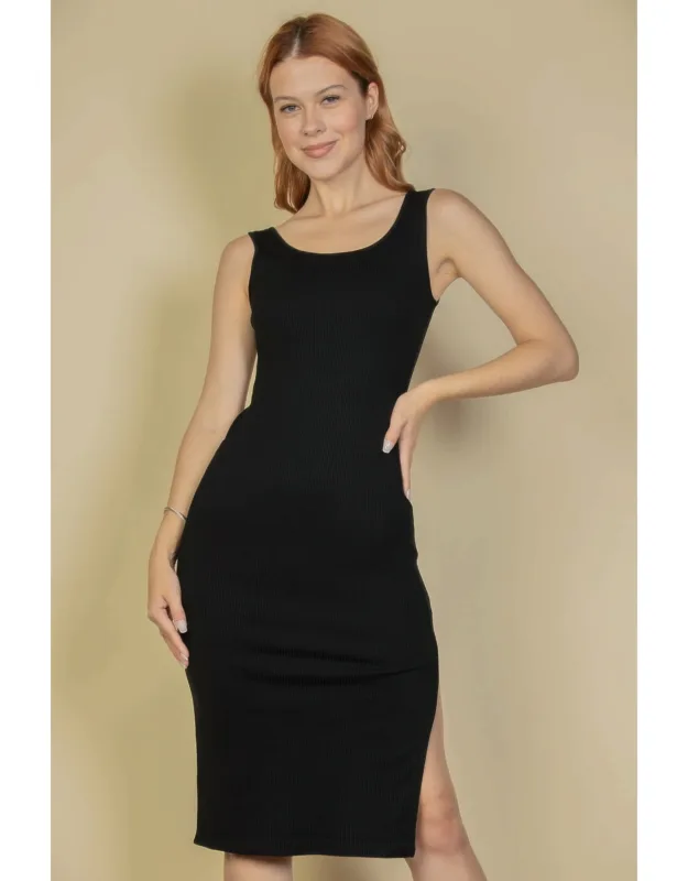 Flat Back Rib Sleeveless Tank Side Slit Bodycon Dress
