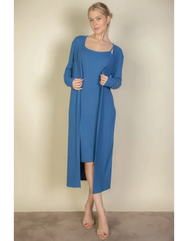 Ribbed Cardigan & Cami Midi Bodycon Dress