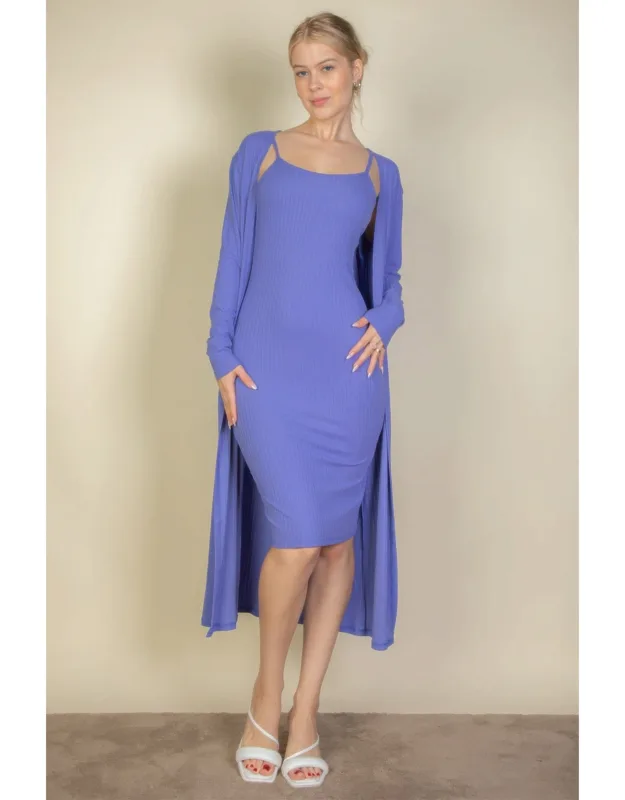 Ribbed Cardigan & Cami Midi Bodycon Dress