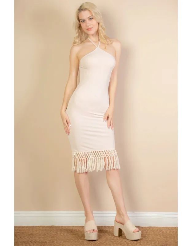 Ribbed Halter Neck Fringe Midi Dress