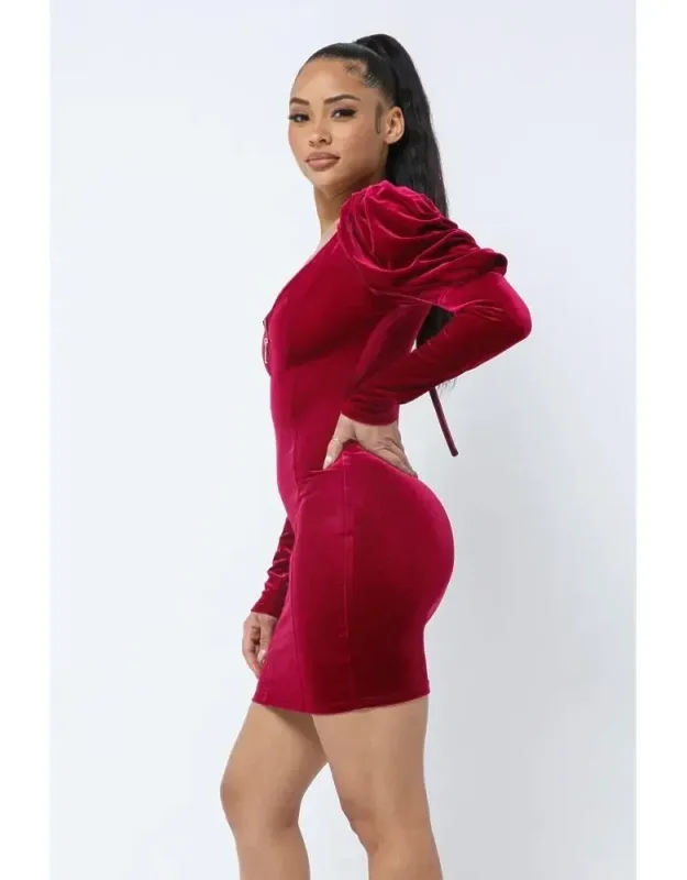 Soft Velvet Pleated Puff Sleeve Low V Neck Front And Back Mini Dress